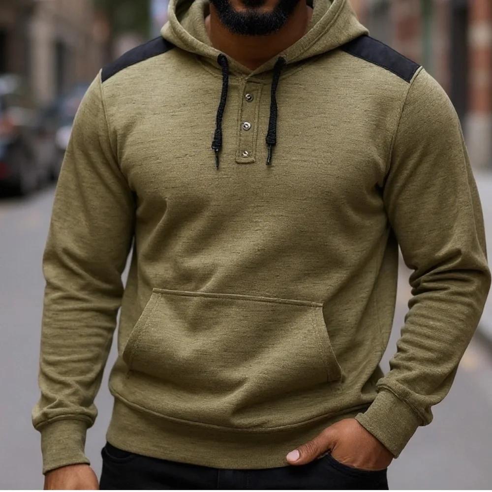 Rock & Republic Men’s Hooded Henley SZ XL Olive Green W/ Black Yoke Soft Light - Picture 3 of 6